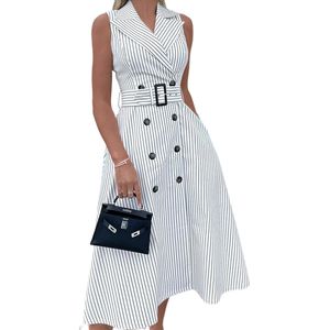 Apparel Essential Women's Spring Striped Sleeveless Shirt Collar Dress with V-neck and Pocket Detail White color Medium Length