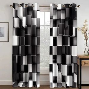 Curtains Black White Abstract Geometric Blocks Cube Red Window Curtains For Living Room Kids Bedroom Bathroom Kicthen Door Home Decor2Pcs