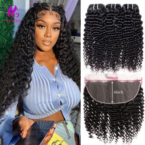 Megeen Deep Wave Bundles With Hd Frontal 13X6 Lace Human Hair Curly Closure 10A 240229