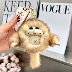 Real genuíno pele de vison macaco chaveiro crianças brinquedo boneca pompom bola saco charme pingente chaveiro presente
