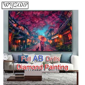 Stich voller quadratischer AB-Bohrer, 5D-Diamantgemälde, Kirschblüten-Mosaik, Stickerei, japanischer Stil, Landschaftsmalerei, Diamant-Kunst