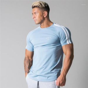 Men039s camisetas lado listrado ginásio masculino algodão fino manga curta esportes musculação fitness treino dos homens camisetas topos3704250