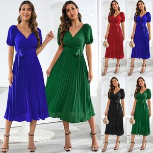 Women's Lantern Sleeve Dress 2024 Summer Sexy V-neck Pleated A-line Large Size Skirt