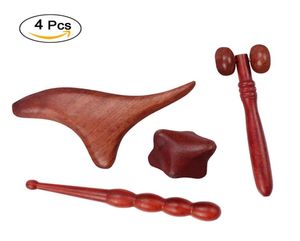 Set completo professionale 4 pezzi Strumento per riflessologia Massaggio tradizionale tailandese Mano Piede Viso Corpo Massaggiatore per punti di agopuntura Legno rosso naturale7494039