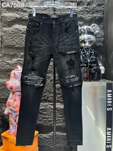 am ir Jeans da uomo di alta qualità Jeans da motociclista invecchiato Rock Skinny Slim Striscia con foro strappato Ricamo serpente alla moda Pantaloni in denim