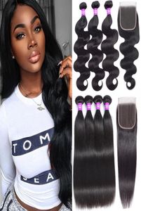 Brazilian Virgin Hair Bundles With Closures Unprocessed Body Wave Straight Human Hair Bundles With Lace Closure Human Hair Wave Ex2990414