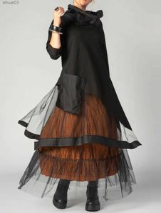 Grundläggande casual klänningar kvinnor klänning Cowl Neck Patchwork Mesh Tiered Long Sleeve Maxi Dress Vintage Casual A-Line Autumn Aysmmetric Hem Dress 2024L2403