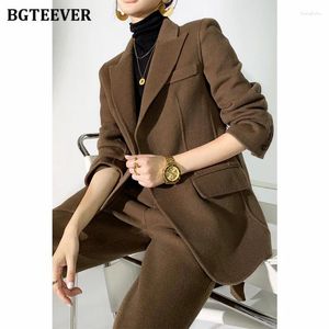 Women's Two Piece Pants BGTEEVER Autumn Winter Woolen Pant Suits Women Thick Belted Jackets Ladies Wool Warm Trousers Set Female