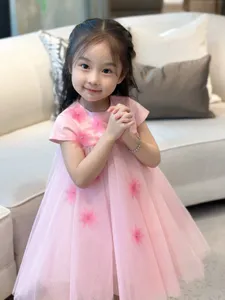 Yaz çocuk kızlar parlak prenses elbiseler çocuk kız doğum günü pembe elbise yürümeye başlayan çocuklar sevimli çiçekler giyim