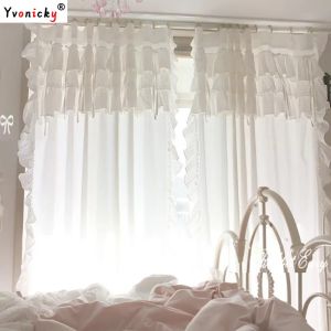 Cortinas premium de algodão sólido branco cortina blackout para sala de estar moda princesa renda janela com babados laços para quarto