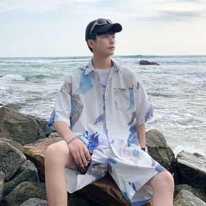 Designerdräkt Ice Silk Short Sleeved Shirt Set For Mens Summer Sanya Beach Vacation Hawaiian Shorts S0A3