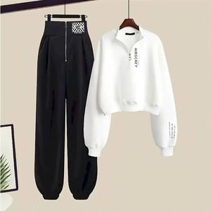 Y2k Streetwear Felpe con cappuccioPantaloni sportivi casual Donna Autunno Pullover con cerniera Felpe Harajuku Set di due pezzi Kpop Abbigliamento 240313