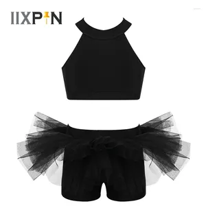 Scene Wear Kids Girls Ballet Leotards Tvådelar Dancewear Crop Top med Ruffled Bottoms Gymnastik Leotard Dancing Performance