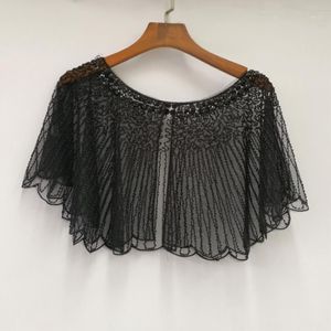 Sciarpe Vintage da donna anni '20 Scialle con perline Paisley a righe Art Déco Mantello nero Bolero Flapper Cover Up Sheer See-Through Mesh301K