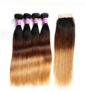 4 pçs ombre cabelo malaio tece com fechamento três tons cor 1b427 sedoso em linha reta pacotes de trama do cabelo humano com fechamentos5160932