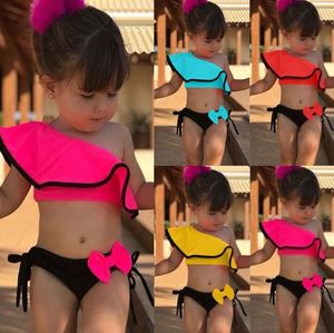 Ruffled Children's Baddräkt 2024 Hot Selling Shoulder Candy Bow Cute Two-Piece Swim Suit Girls Badkläder