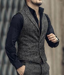 Men's Vests Herringbone Men Vest Grey Pattern Business Waistcoat Notch Lapel Wool Tweed Groomsmen For Wedding Banquet Set