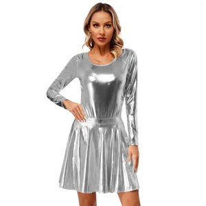 Skirts Womens Clubwear Shiny Metallic Long Sleeve Bodysuit Leotard With High Waist Flare Skirt For Music Festival Dancing Performance