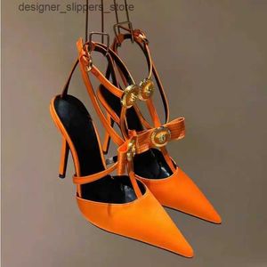 Sandals Orange Pointed Toe Metal Bow T-Buckle Strap Thin High Heel Sandals Womens Summer 2024 Dyed Sexy Closed Toe High Heel Luxury Shoes Q240314