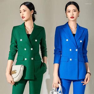 Women's Two Piece Pants Long Sleeve Striped Slim Fit Temperament Office Wear Two-Piece Set Work Uniforms Green Formal Ladies Tooling