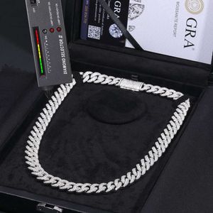 Ny ankomst 14mm guldpläterad 925 Sterling Silver VVS Moissanite Diamond Iced Out Cuban Link Chain med Luxury Jewelry Box