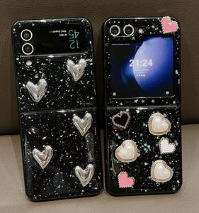 ZFlip5 3D Heart Love Cases para Samsung Galaxy Z Flip 5 4 3 Flip5 Flip4 Bling Lover Stars Starry Glitter Sparkle Girls Hard PC Plástico à prova de choque dobrável capa fashion
