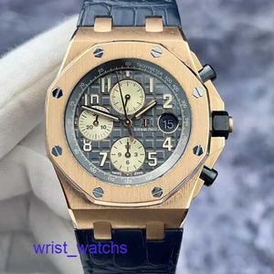 AP Sports Watch Relógio Casual Royal Oak Offshore Series 26470OR Cinza Rutênio Face Data Timer 42mm 18K Material Ouro Rosa Conjunto Completo Cartão de Garantia