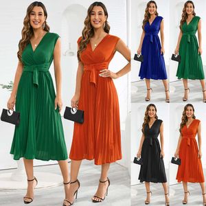 2024 Summer Sleeveless V-neck Lace Up Fashion Slim Fit 100 Pleated Mid Length Dress Pop