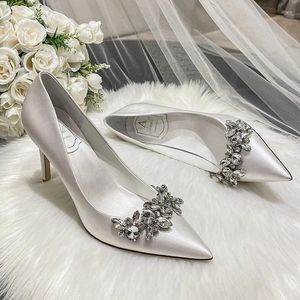 624 Heels Bridal Shoes Dress Women Pumps Rhinestone Satin Wedding White Pointed Party Ladies Stiletto 7Cm 9Cm Big Size 74362
