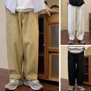 Calças masculinas homens cor sólida multi bolsos elástico cintura solta calças largas verão estilo japonês carga reta streetwear