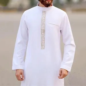 Roupas étnicas Homens Moda Mistura de Algodão Muçulmano Robe Solto Estilo Manga Longa Padrão Impresso Camisa Retro para Homens 2024 Primavera