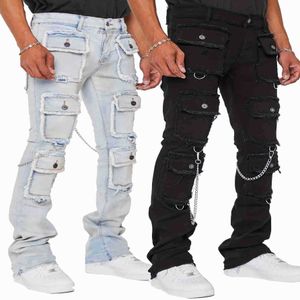 Mens Cargo Jeans Regular Fit Denim Trousers Fashion High Street Elastic Workwear Denim Straight Pants