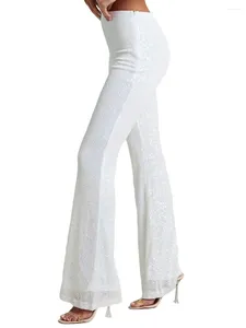 Calças femininas mulheres cintura alta lantejoulas queimado cor sólida elástico calças magras y2k casual slim fit brilhante bell bottoms