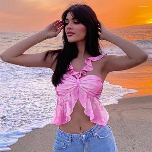 Camicette da donna Moda Ruffles Tie Dye Donna Rosa Backless Senza maniche Camicia estiva Sexy Halter Crop Top Slim Casual Canotta Blusas Donna