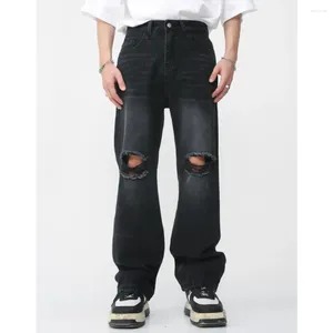 Männer Jeans Mode Lässig Lose Gerade Löcher Vintage 2024 Frühling Einfarbig Waschen Zipper Koreanische Retro Persönlichkeit