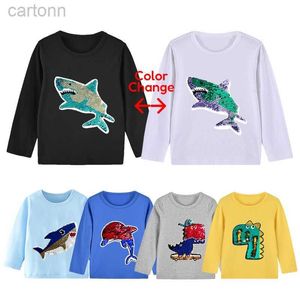 Camisetas Meninos Camiseta Outono Bebê Crianças Tops Mudança de Cor Golfinho Tubarão Casual Manga Longa Roupas Lantejoulas Mágicas Crianças Menino Criança Camisetas ldd240314