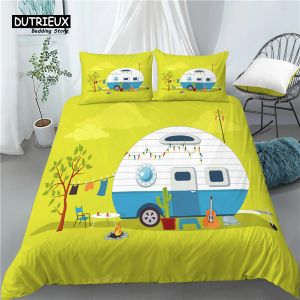 Defina a casa de luxo de luxo em 3D Camping Print 2/3pcs confortável capa de edredão de bastilhas de cama Queen e King Au/Eu/Us tamanhos pura cortinas