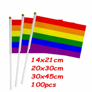 Akcesoria ZXZ 100PCS LGBT Gay Pride Mała flaga narodowa 14*21cm 20*30cm Rainbow Hand Flag Flaga samochodowa flaga amerykańska