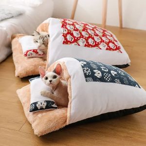 Mats Cute Cat Bed Warm Cat Sleeping Bag Deep Sleep Cave Winter Removable Pet House Bed for Cats Dogs Nest with Pillow cama para gato