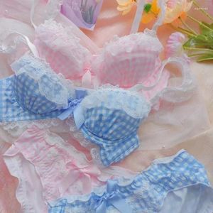 Bras Sets Japanese Bra And Panty Set Teenage Girls Without Steel Ring Lingerie Sexy Plaid Lace Sweet Cotton Cup Underwear Female