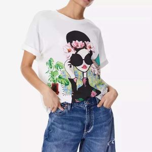 Französischer neuer früher Frühling/Sommer-Modestil, moderner Mädchen-Blumendruck, Rundhalsausschnitt, lockeres, kurzärmeliges Alice-Olivia-T-Shirt