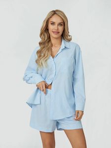 Damen-Trainingsanzüge, Damen-Sommer-Loungewear-Set, Streifendruck, lange Ärmel, Taschen-Revers-Tops mit elastischen Taillen-Shorts, 2-teilige Nachtwäsche