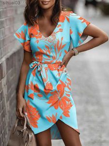 基本的なカジュアルドレスエレガントな通勤オフィスレディースドレスファッションプリント夏の半袖vネックベルトドレス