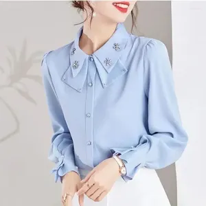 Camicette da donna Top casual primaverili Office Lady Blou Camicia elegante con maniche a farfalla in chiffon con perline tinta unita