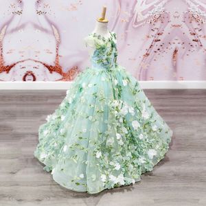 Piękny zielony materiał z kwiatami 3D Flower Girl Dresses Toddler Dzieci urodziny