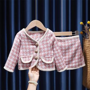 Autumn Winter Set Kids Elegant Sweet Suits Girls Fashion Outfits Tweed 2st Children Trends Single Breasted Princess Set 240301