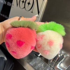 Real Rabbit /Rex Fur Strawberry Keychain Pompom Ball Bag Car Telefon Pendant Gift