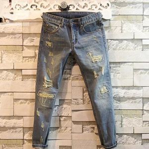 Men's Jeans Trousers Torn Broken With Holes Man Cowboy Pants Tight Pipe Ripped Cropped Skinny Slim Fit Clothes Y2k 2000s Vintage