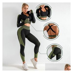 Yoga Outfits 2/3st Seamless Women Set Workout Sportwear Gym Clothing Fitness Långärmad Crop Top High midje Leggings Sports Drop D DHXL6