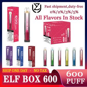 Original ELF BOX 600 Puff 600 baforadas E-cigarro descartável Características 2ml Vape 0/2/3/5% 450mAh Bateria integrada associada 10 sabores disponíveis